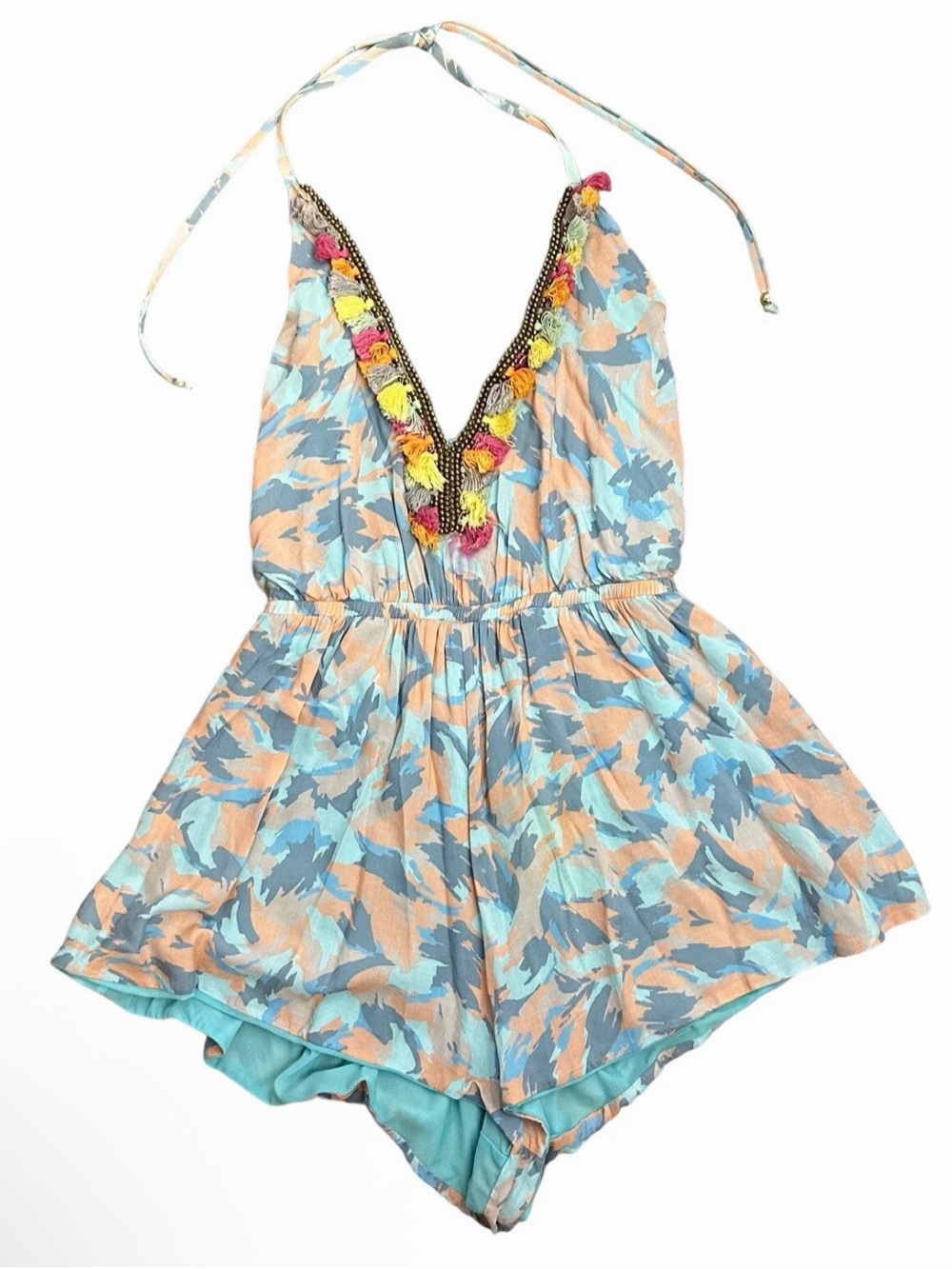 CHIO size Small Blue
Romper Halter Neck Tassel
Beaded Bohemian From
Revolve